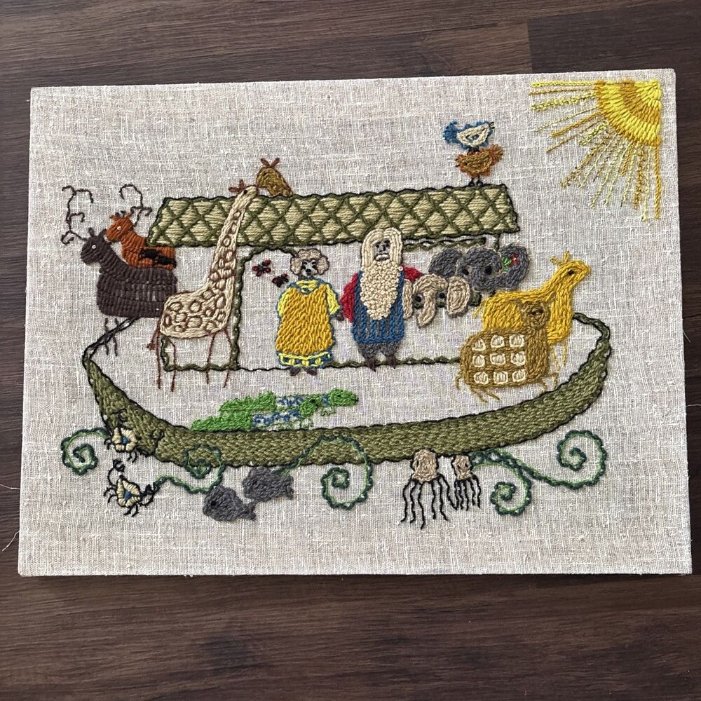 Vintage Dated Noah’s Ark 3D Crewel Embroidery Cross Stitch Boho Nature BibleBaby